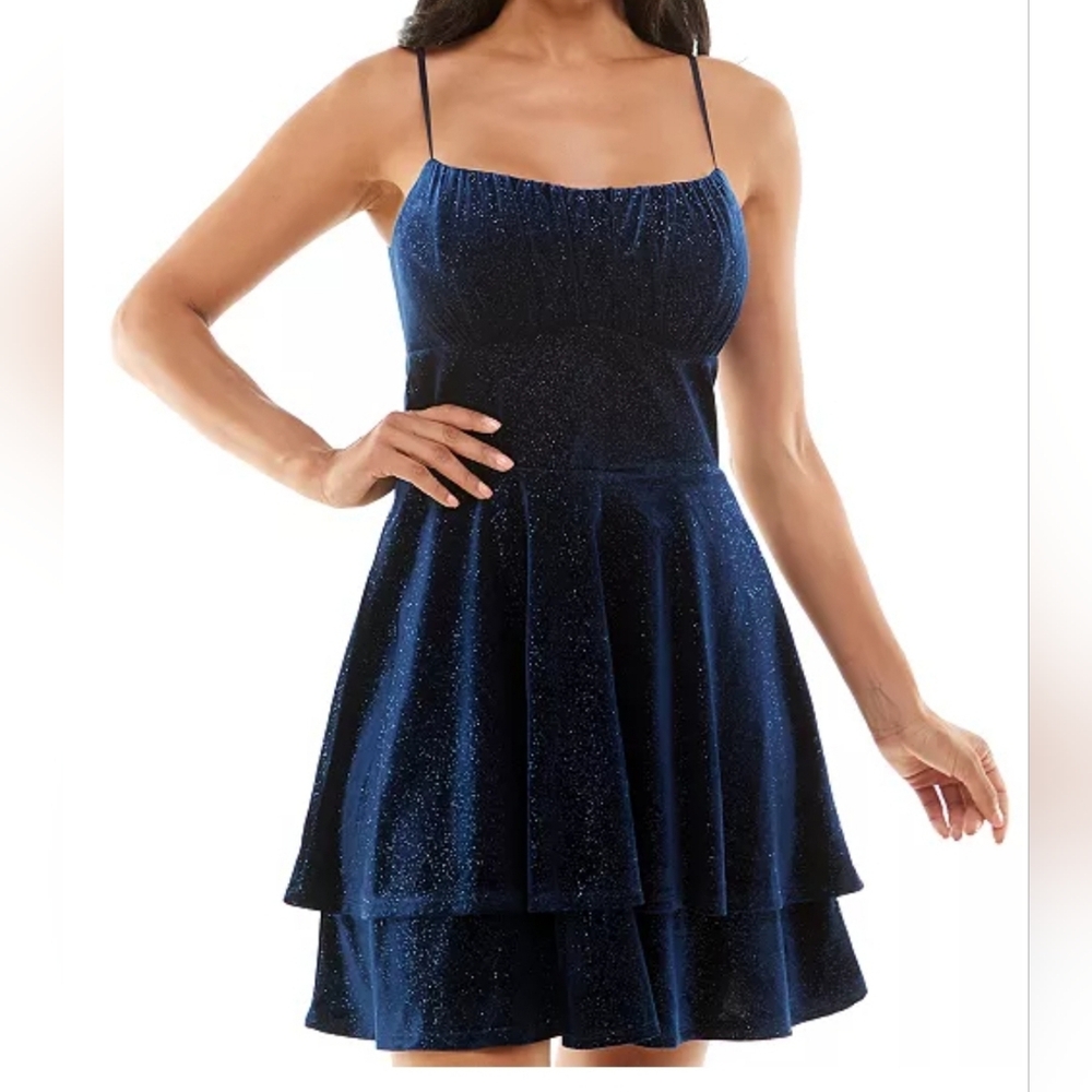 Emerald Sundae MACY'S Women M/L Sparkly Blue Velvet Cocktail Party Dress Layered